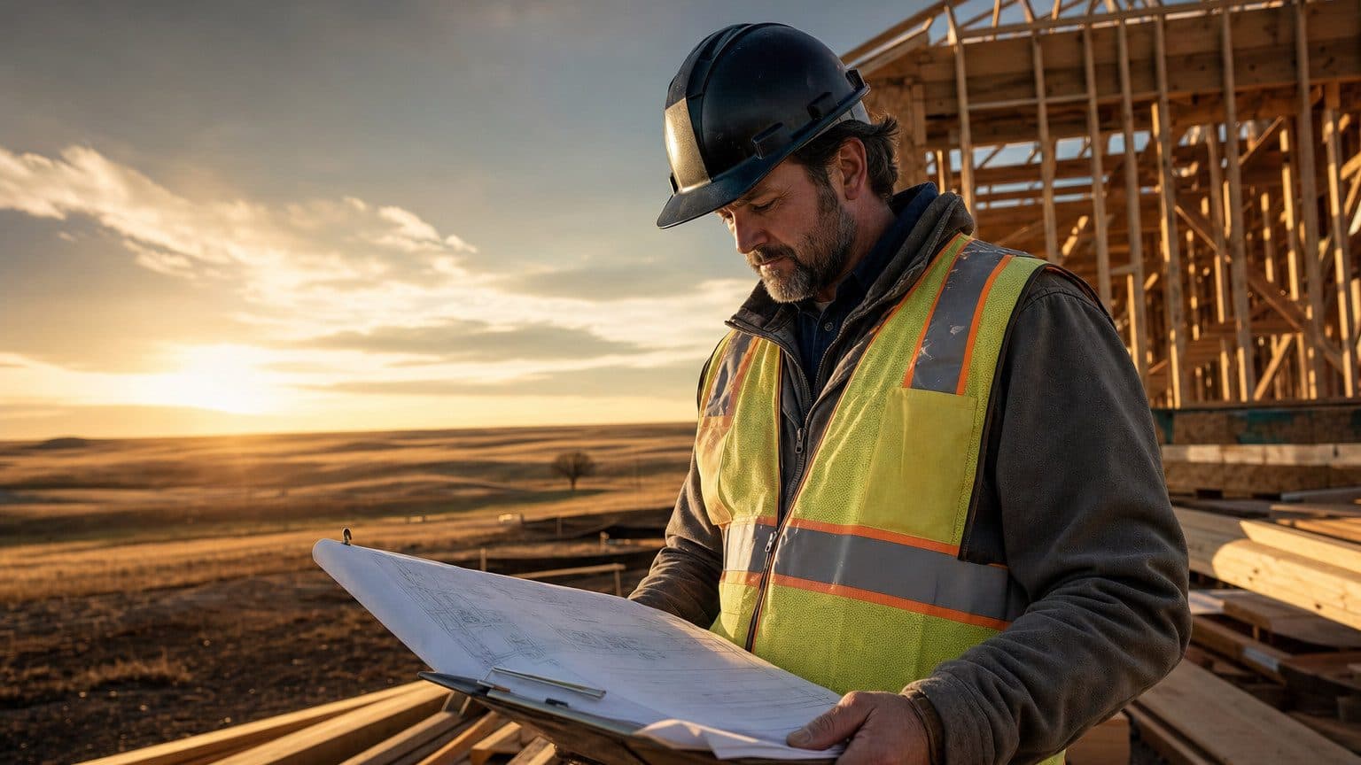 A construction site manager reviewing blueprints on a clipboard in front of a timber-framed residential build in South Dakota, wide open prairie sky visible in the background.
