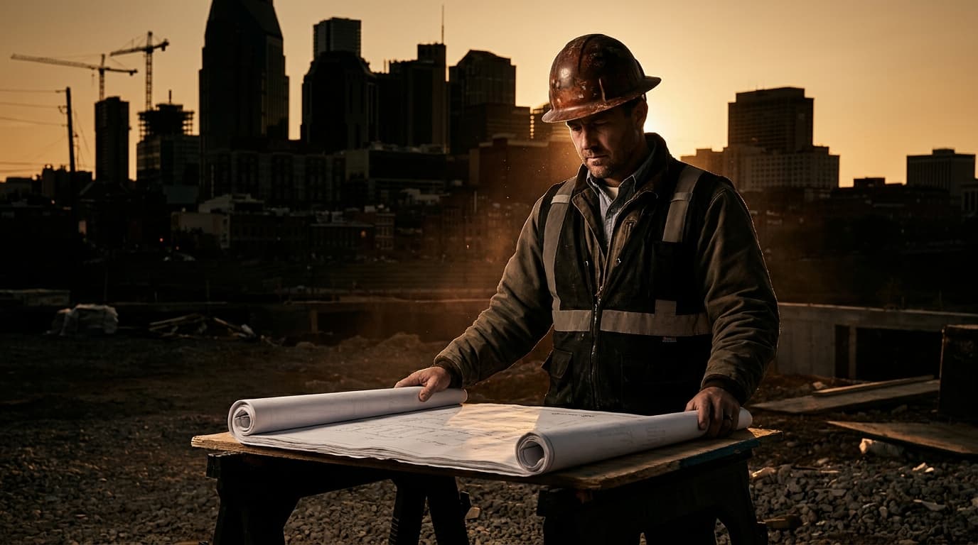 A construction project manager in a hard hat reviewing blueprints outside a building site in Nashville, Tennessee, cranes visible in the afternoon skyline behind them.
