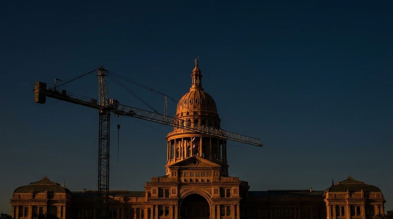 The Texas State Capitol building in Austin with a construction crane visible against a clear blue sky.