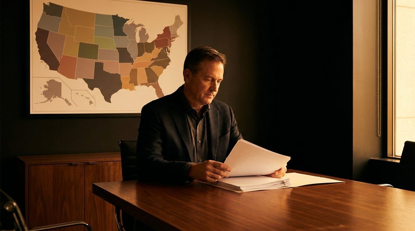 A contractor reviewing state-specific contractor licensing documents at a desk, a US map mounted on the wall behind him with different regions highlighted, natural office light.