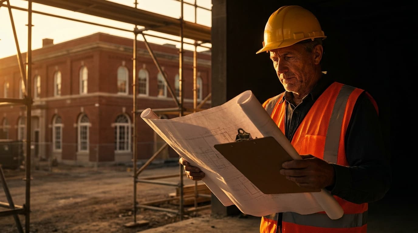A contractor reviewing construction blueprints on a clipboard in front of a traditional Virginia brick Colonial-style building with scaffolding visible nearby.