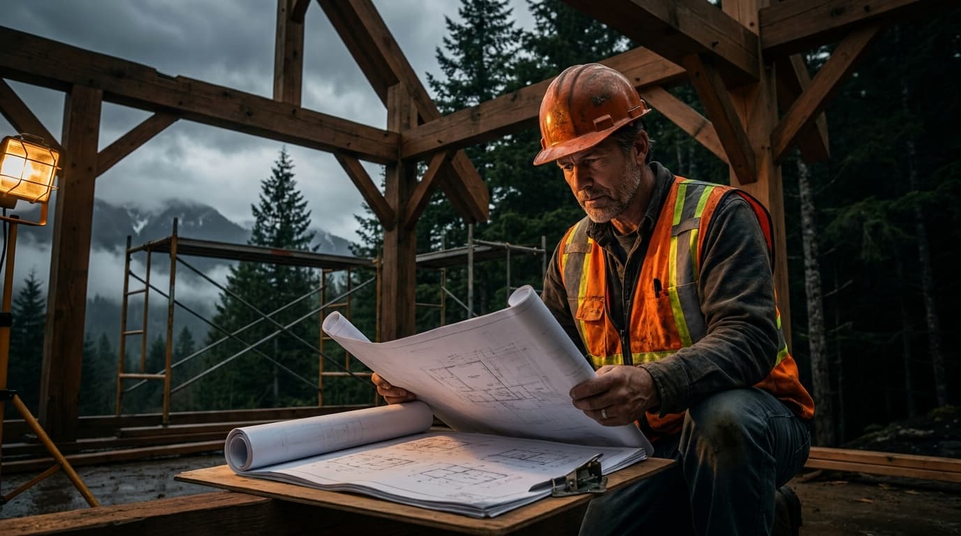 A contractor in a high-visibility vest reviewing construction blueprints on a clipboard at a Pacific Northwest timber-frame building site, with Douglas fir trees and an overcast Washington State sky in the background.