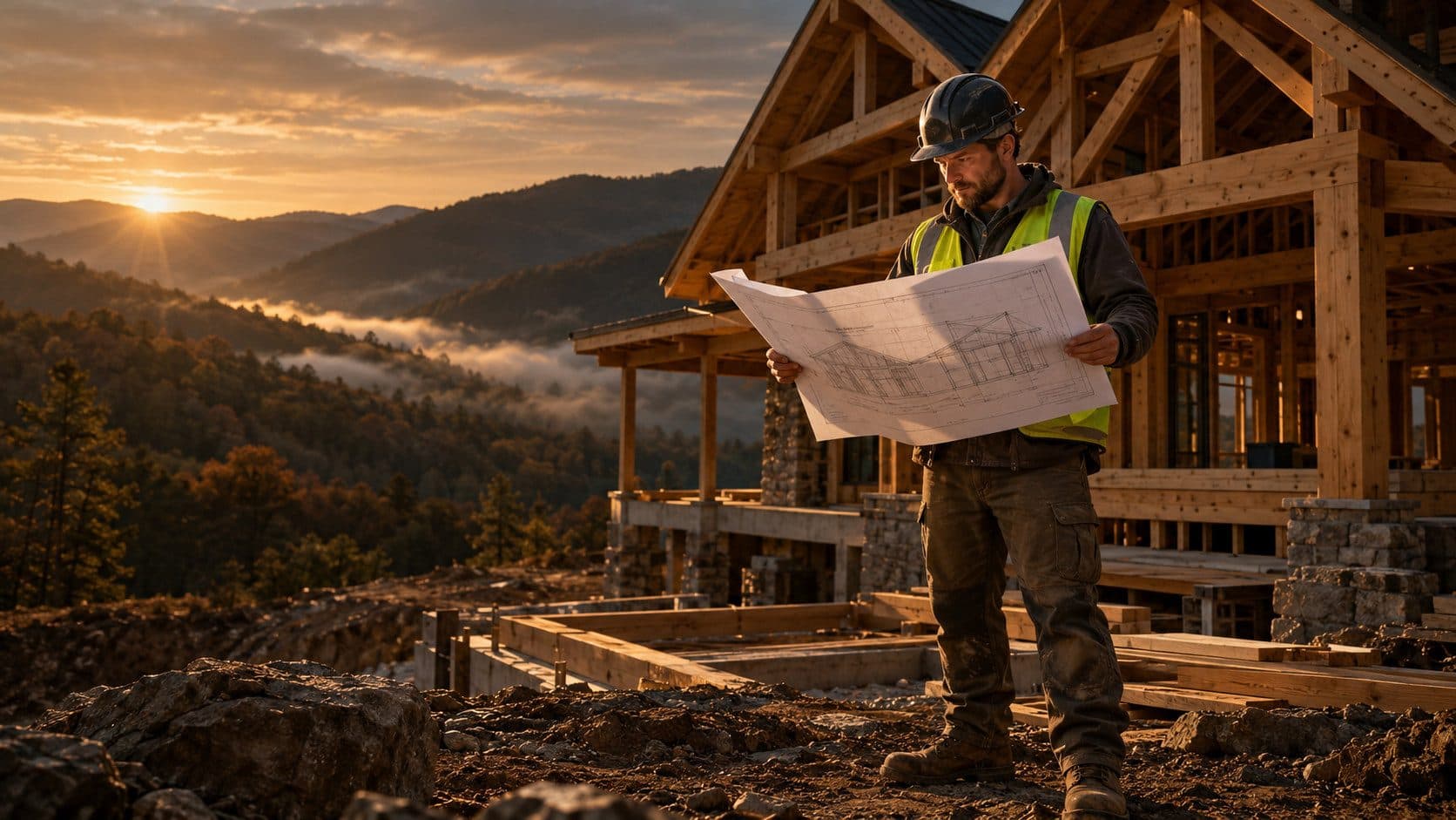 A licensed contractor reviewing blueprints outside a timber-frame house under construction in rural West Virginia, with rolling Appalachian hills visible in the background.