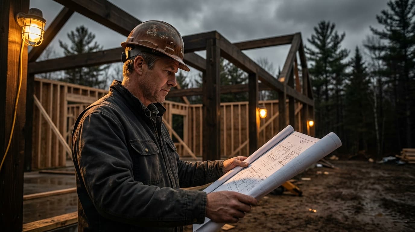 A construction project manager in a hard hat reviewing blueprints at a residential build site in Wisconsin, timber-framed walls visible behind them under a grey Midwestern sky.