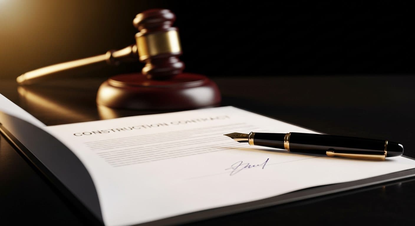 A signed construction contract and a fountain pen on a dark desk with a softly blurred gavel behind.