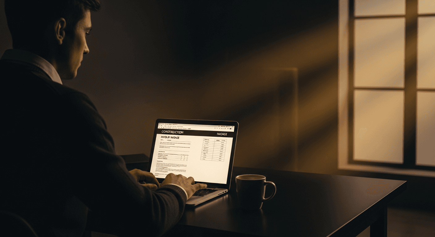 A person working at a clean home office desk with a laptop showing a construction invoice, a mug of coffee beside them, warm natural light from a window.