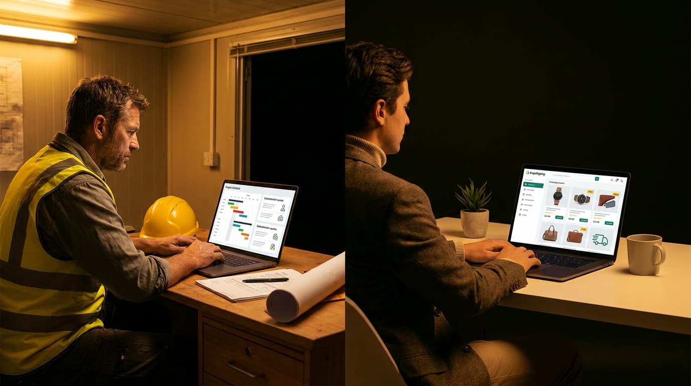 A construction operator reviewing subcontractor quotes on a laptop at a site office on the left and a person managing product listings on an ecommerce store on the right