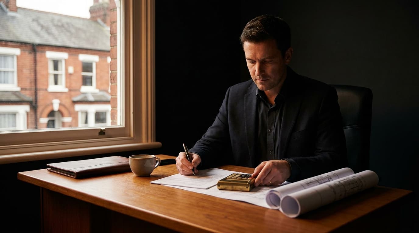 A contractor operator reviewing a signed agreement at a tidy office desk with a calculator and construction plans, natural light from a window showing a red-brick terrace outside