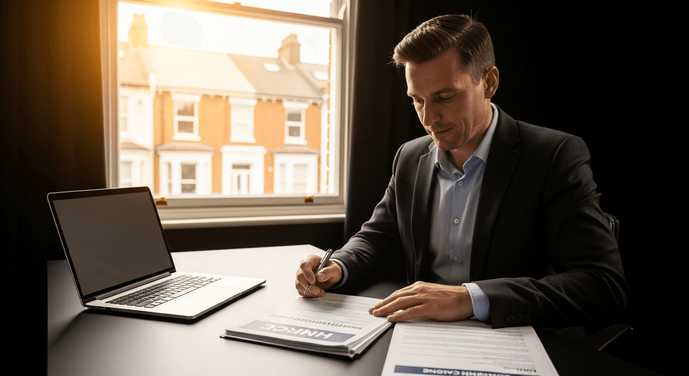 A contractor reviewing HMRC CIS registration documents at a desk with a laptop, sash window looking out onto a Victorian red-brick terrace in the background, professional daytime light.