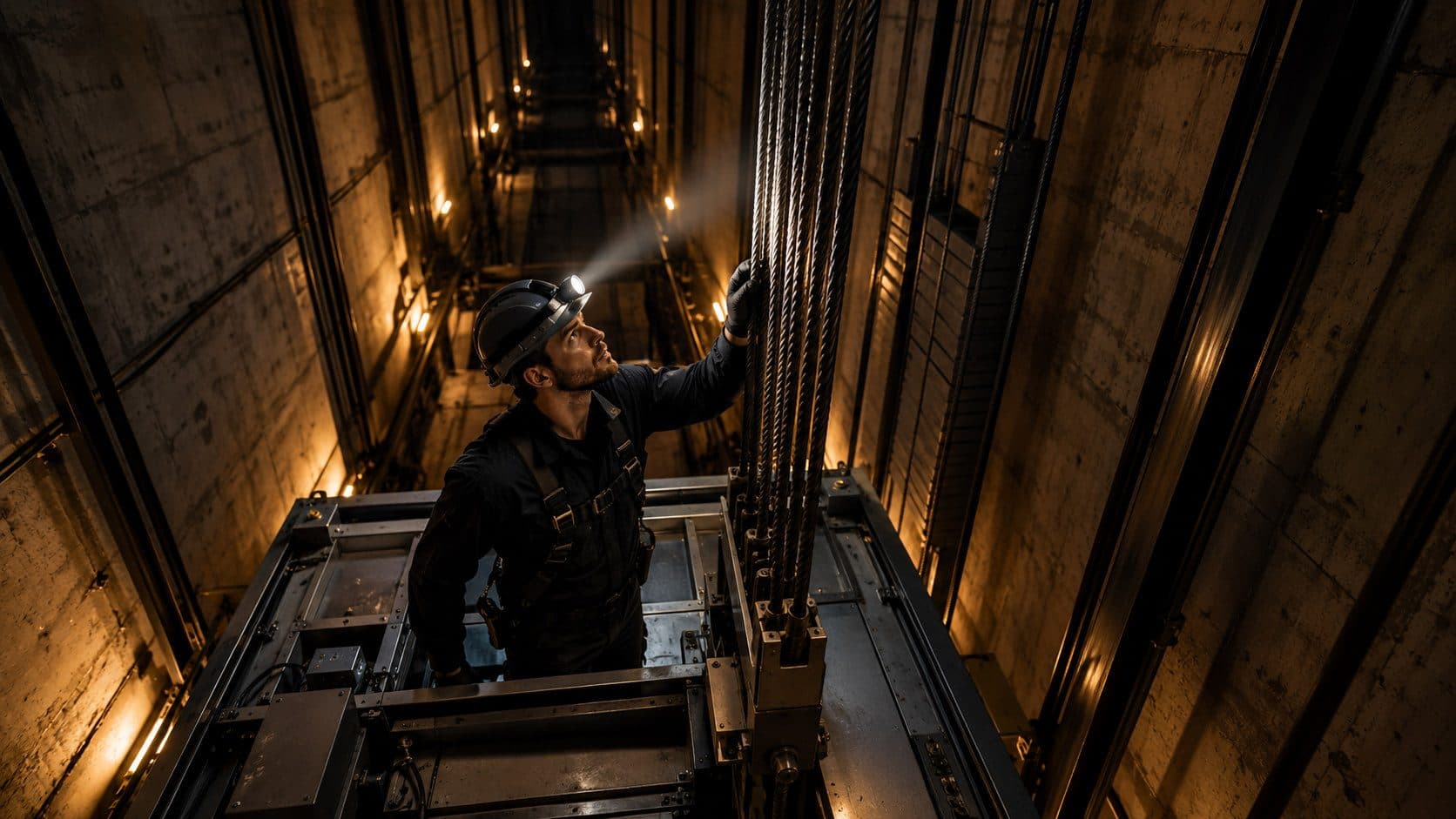 A lift engineer in work clothes standing on top of a lift car inside an open shaft, checking the steel cables by the light of his head torch.