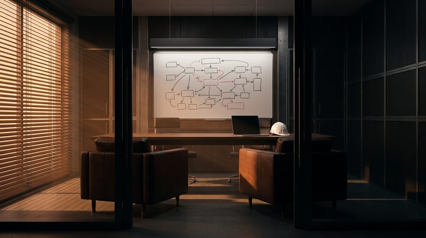 Two chairs at a long table in a construction company office, a whiteboard covered in a flow of boxes and arrows behind them, an open laptop and a hard hat on the table in late afternoon light.
