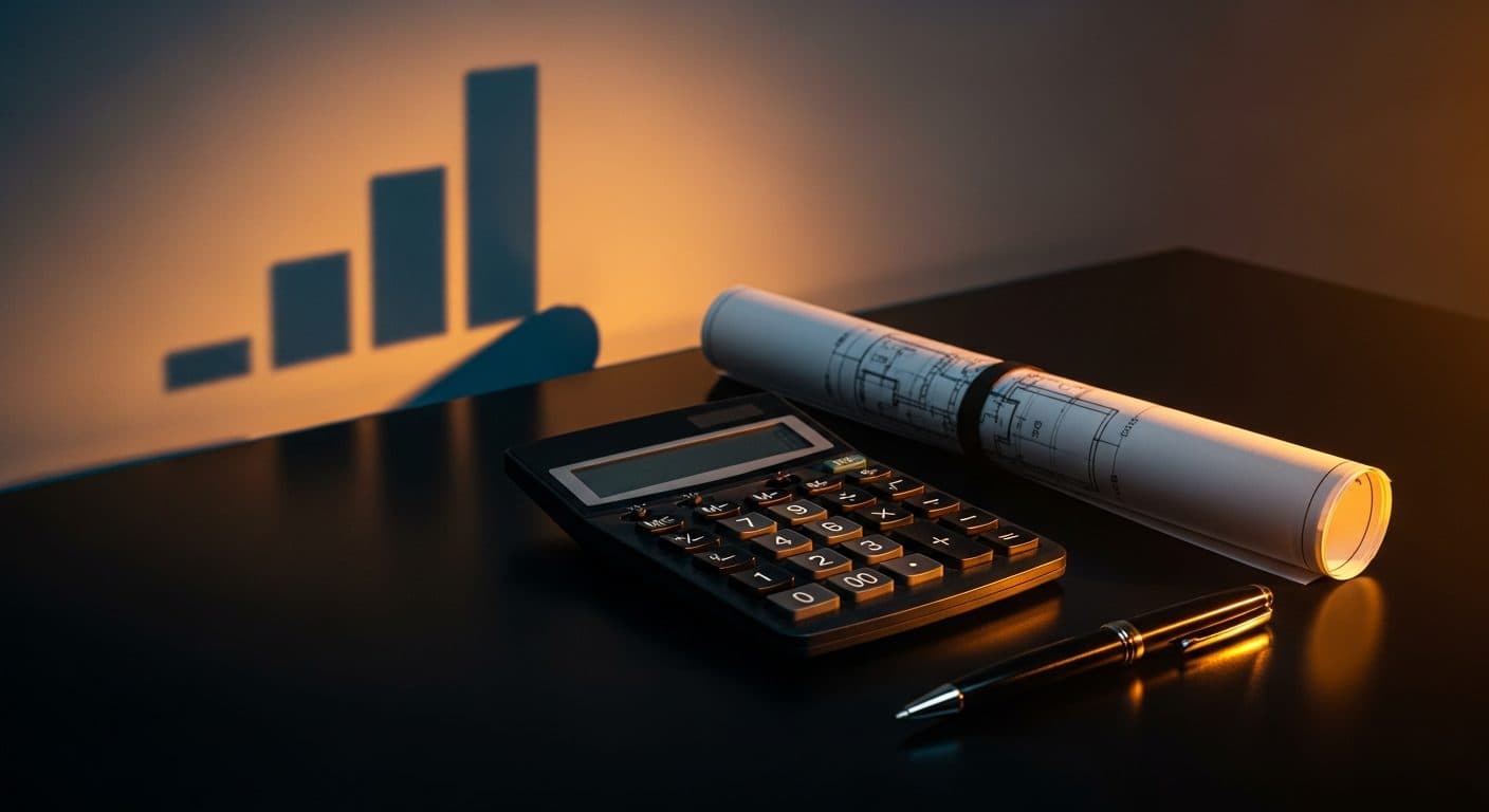 A calculator, a rolled blueprint and a pen on a dark desk with the shadow of a rising bar chart on the wall.