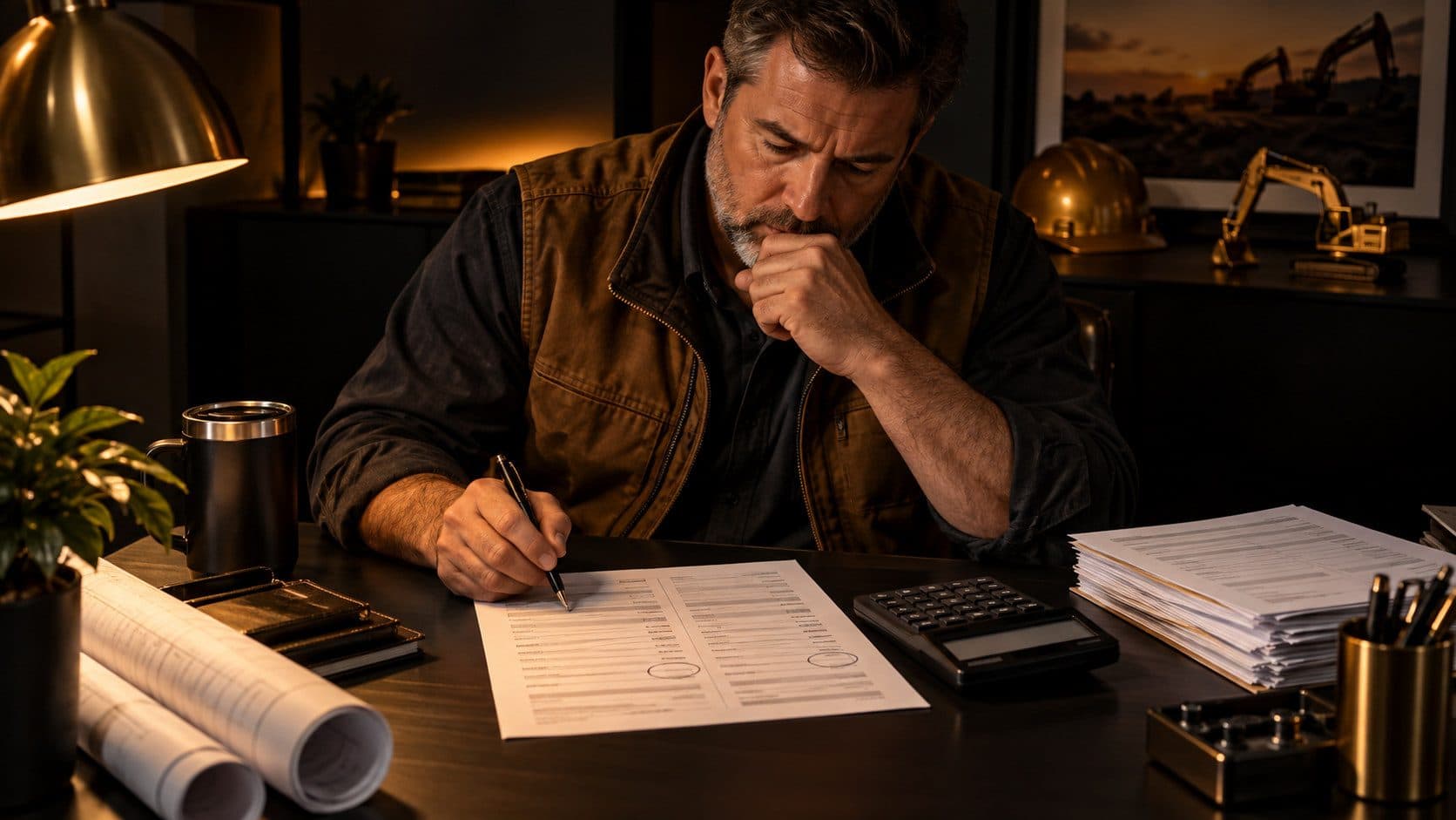 An operator reviewing a job cost sheet at a desk, marking out materials costs and the contractor share with a pen, a calculator and invoices spread across the surface
