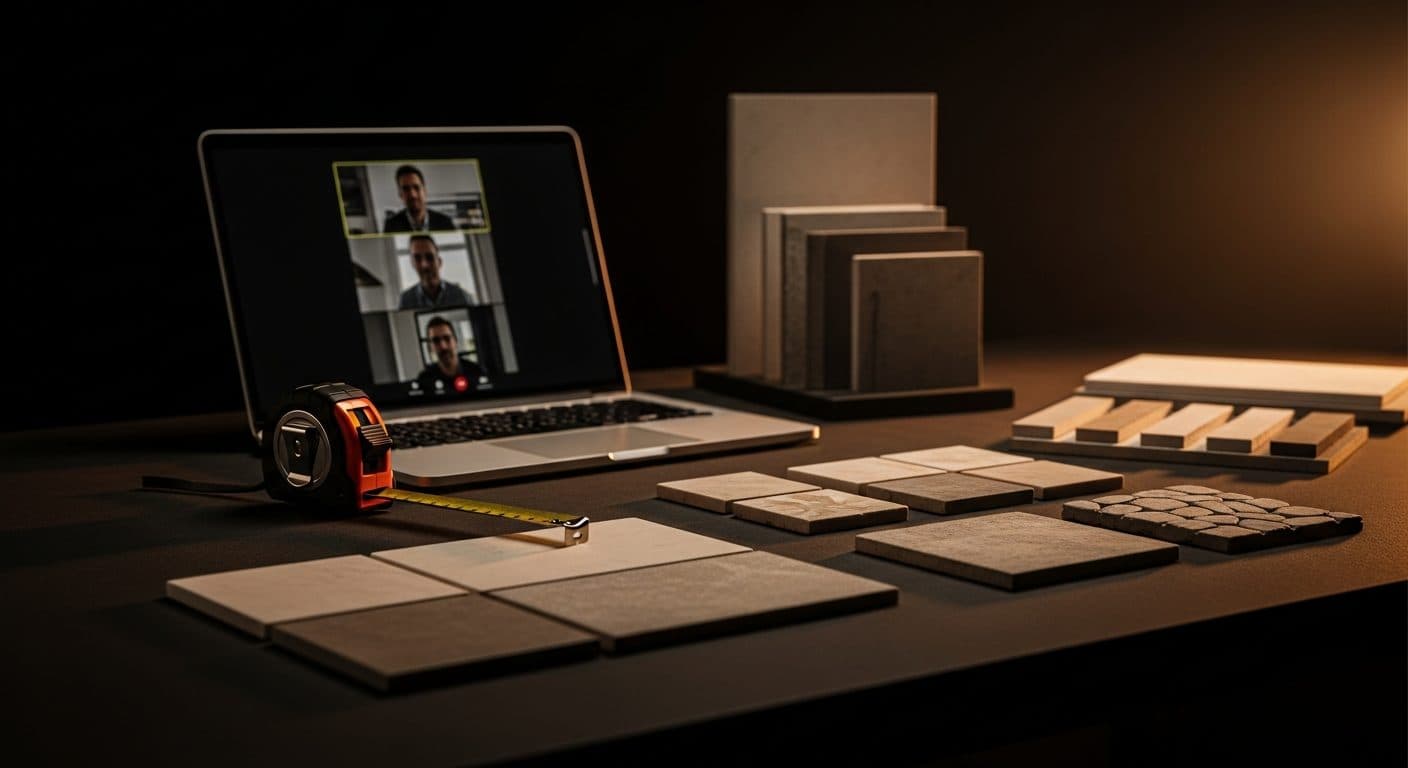 A tape measure, a laptop showing a video call and sample tiles laid out on a dark workbench.