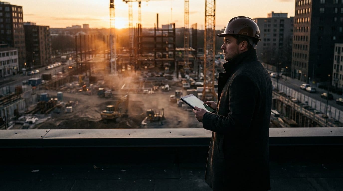 A lone operator in a coat looking out over a vast construction site from a rooftop at golden hour.