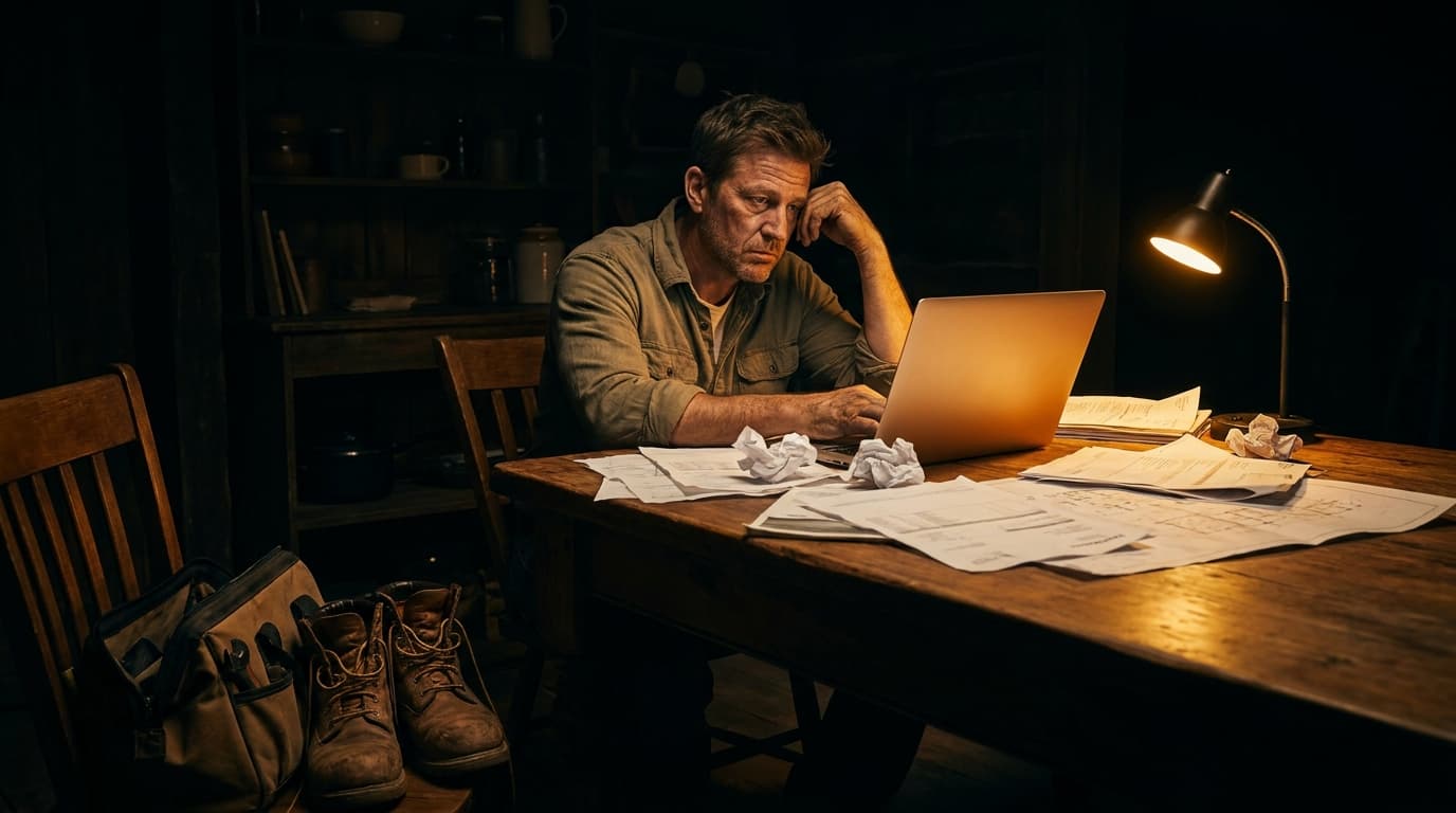A tradesperson sitting at a kitchen table late at night doing paperwork and invoices, with tools visible in the background.