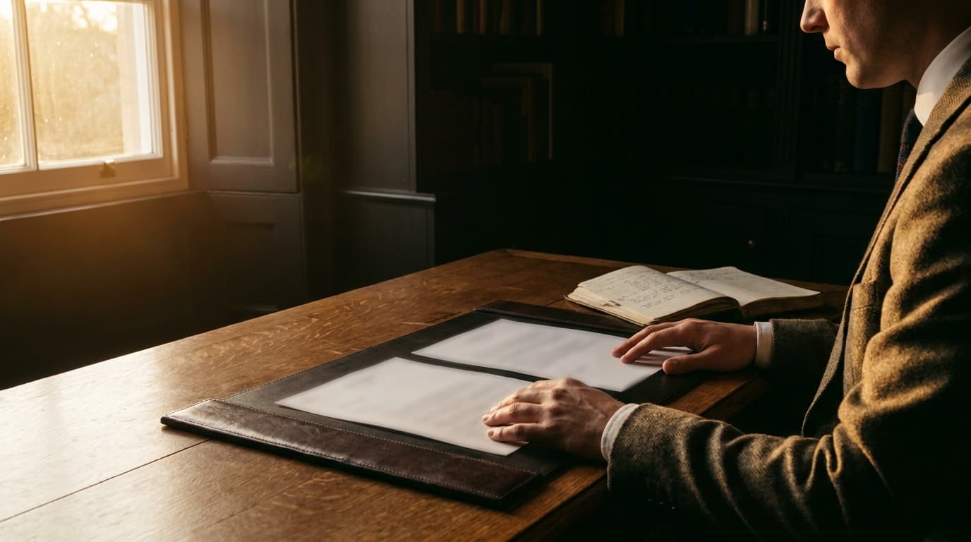 A person at a desk in a British home reviewing two sets of business setup documents - one for HMRC self-assessment registration and one from Companies House - with a notebook and pen beside them