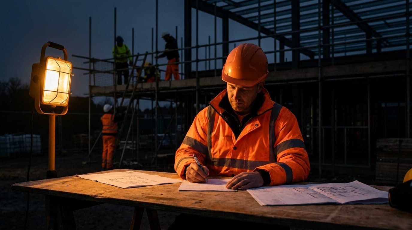 A contractor in a hi-vis vest signing paperwork on a site table while two trade crews work on scaffolding behind them