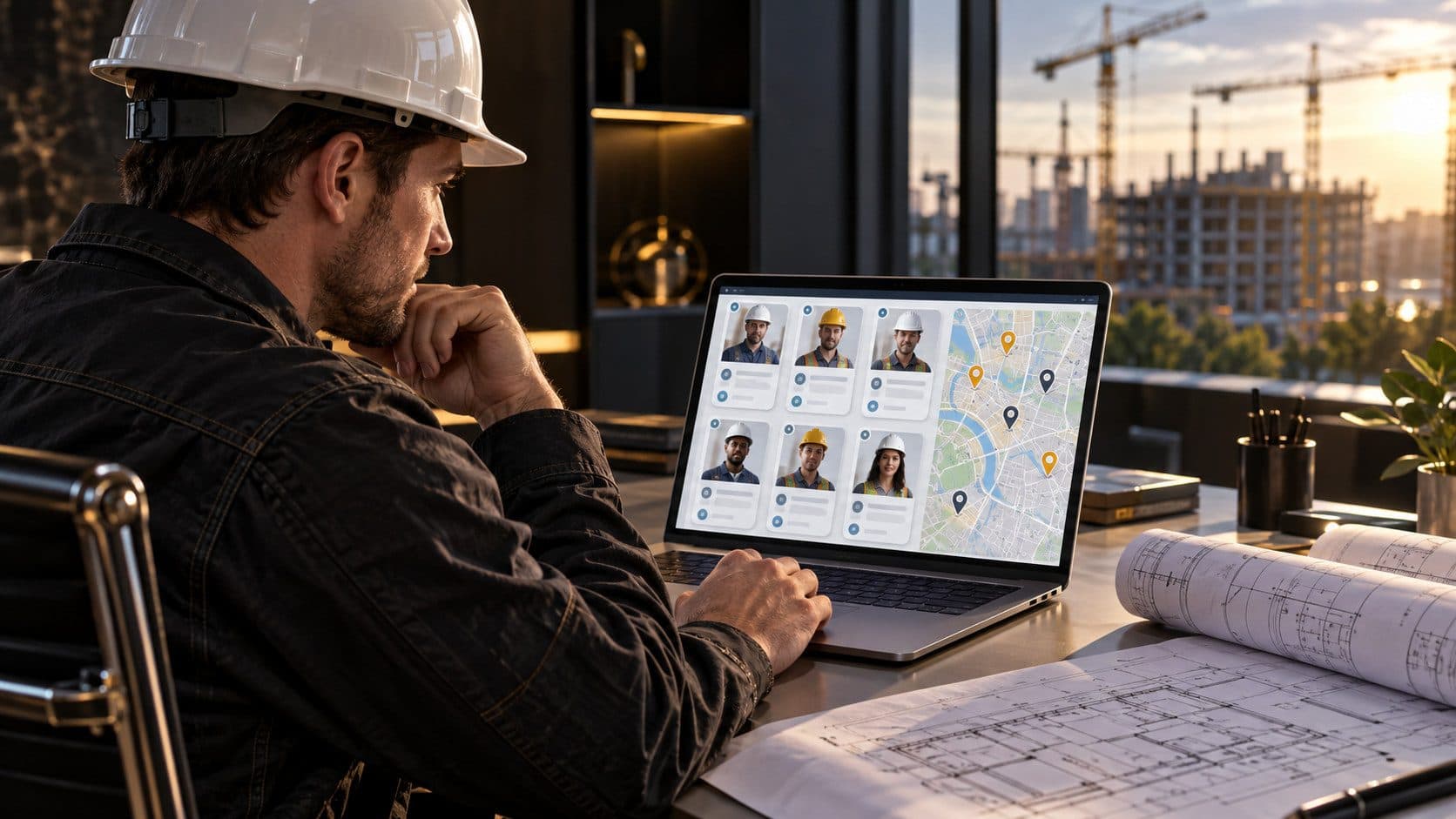 A contractor reviewing a laptop showing a construction network directory at a desk with blueprints and a hard hat nearby.