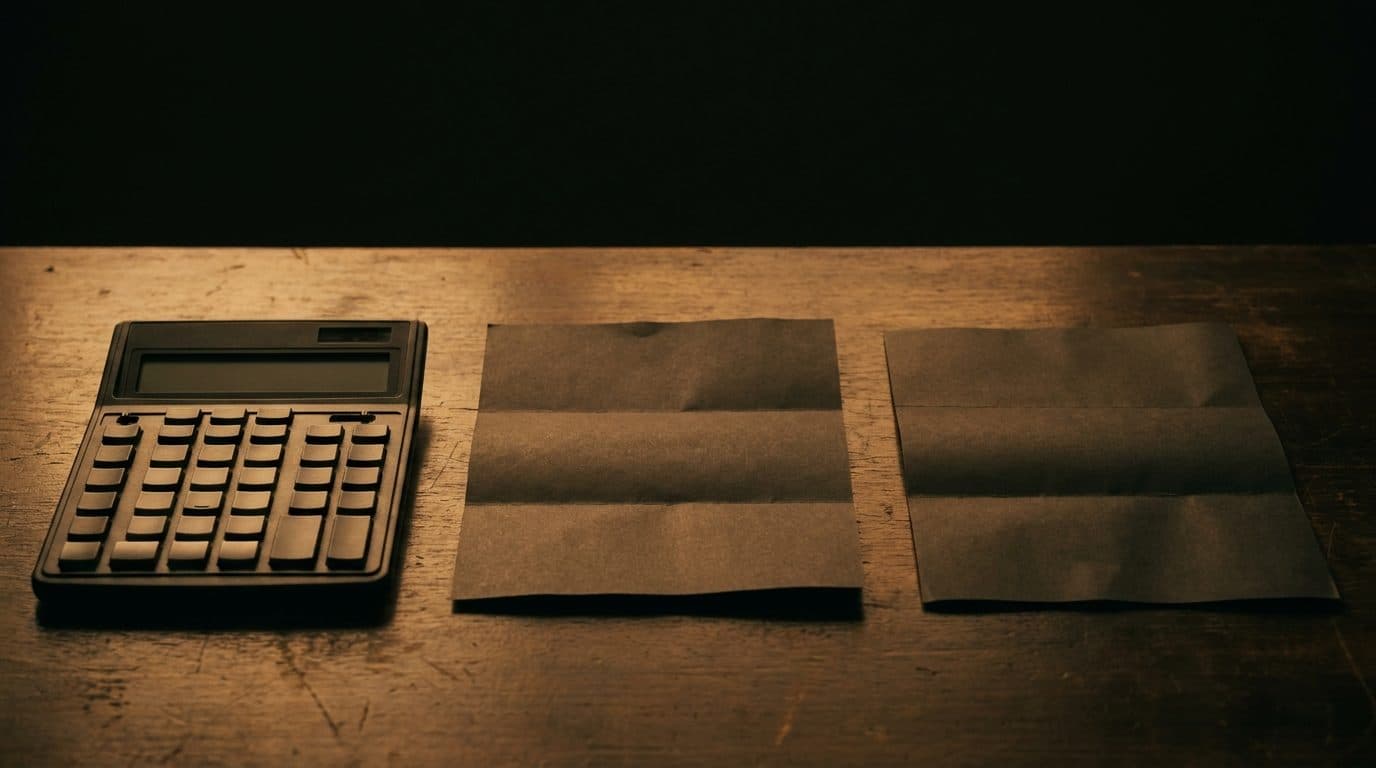 A calculator, a subcontractor quote and a client invoice laid side by side on a dark desk, with amber accent lighting showing the gap between the figures.