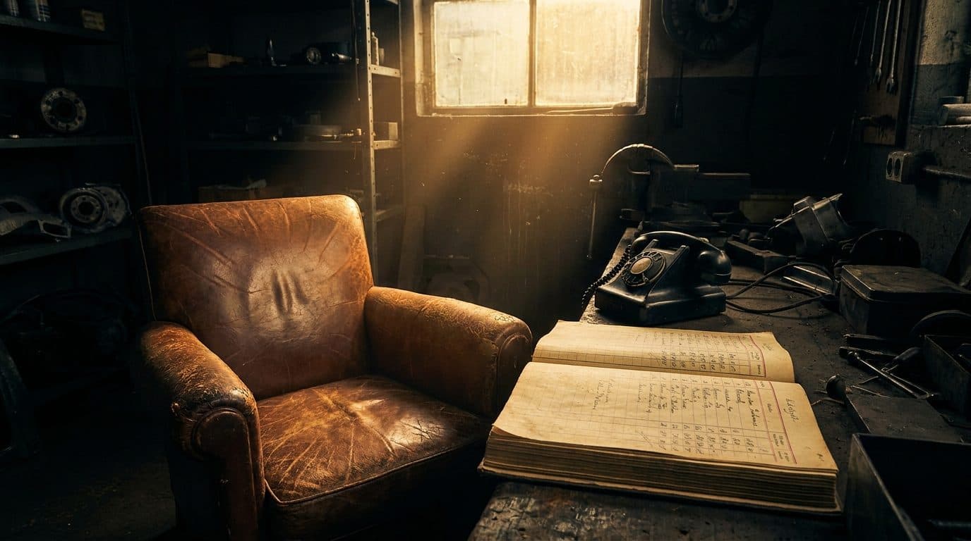 A worn leather chair beside a thick open ledger and an old telephone in a dim garage, lit by one warm shaft of light.