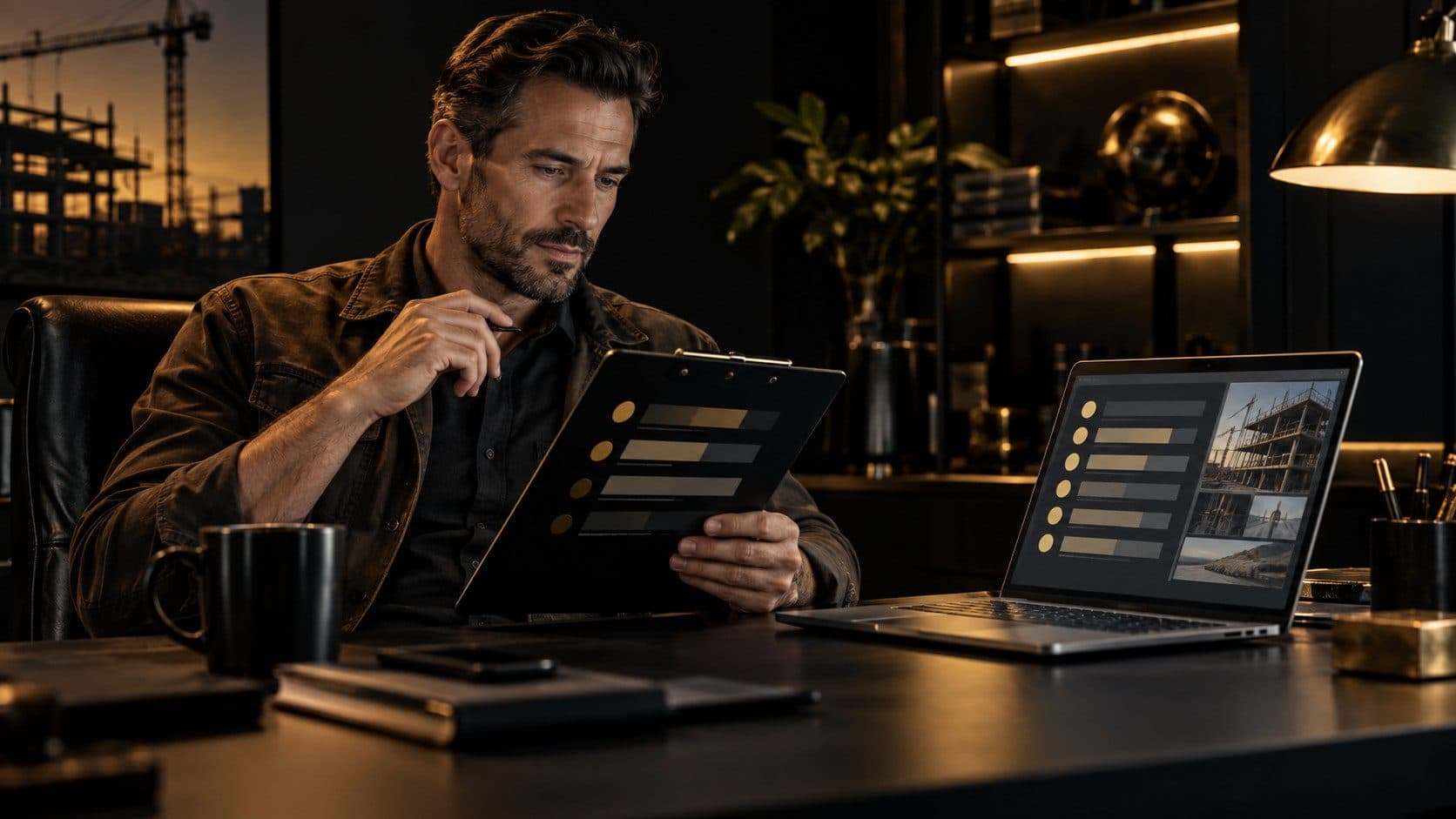 A contractor in a clean modern office reviewing a curated list of trusted tradespeople, papers and a laptop spread on the desk, warm amber light.
