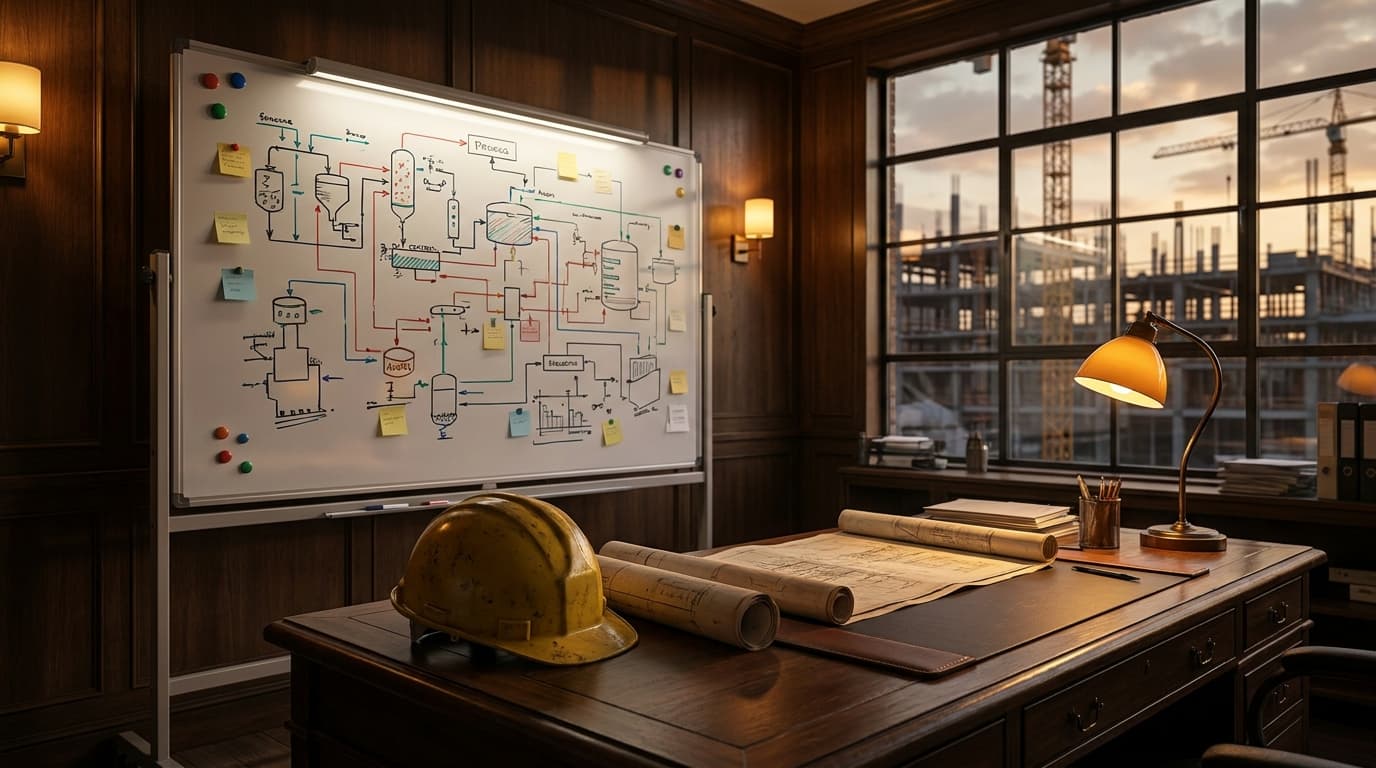 A process flow diagram pinned to a whiteboard in a construction company office, with a hard hat and safety vest hanging on a peg behind the desk and a construction site blueprint spread across the table.