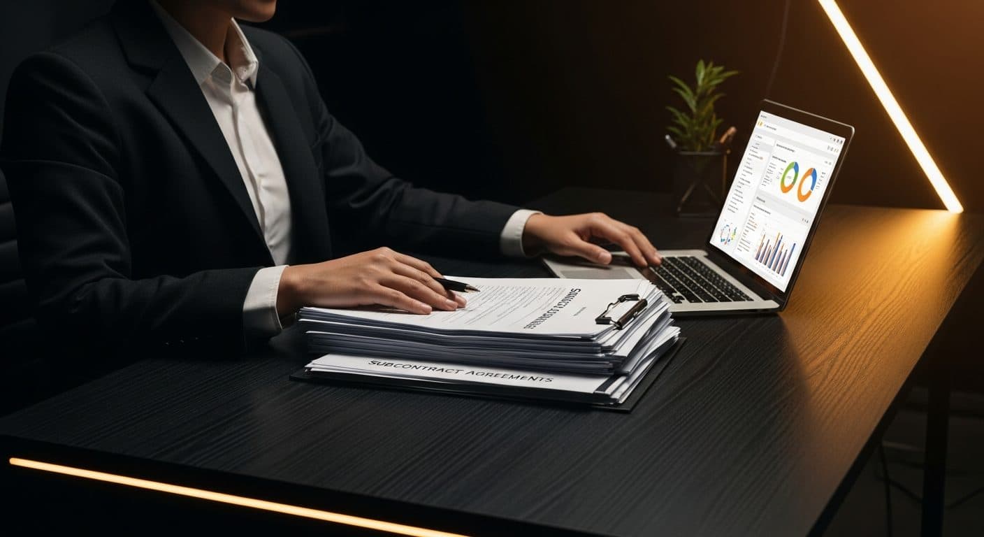 A founder reviewing subcontract agreements and insurance certificates spread across a desk with a project management dashboard open on a laptop