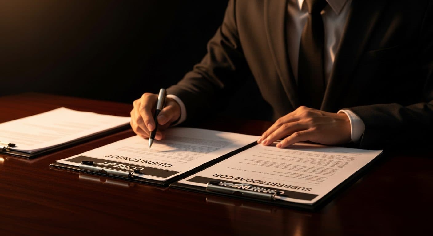 A construction arbitrage operator sitting at a desk reviewing two separate contract documents - one for a client and one for a subcontractor - with a pen, clipboard, and hard hat visible on the desk.