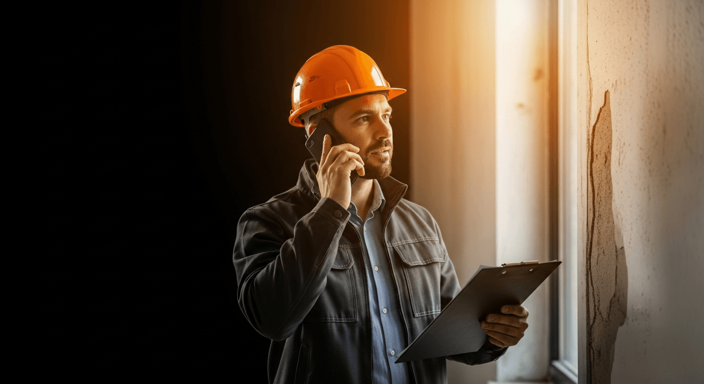 A construction business owner on a phone call at a job site reviewing a defect in recently completed tiling work, clipboard in hand