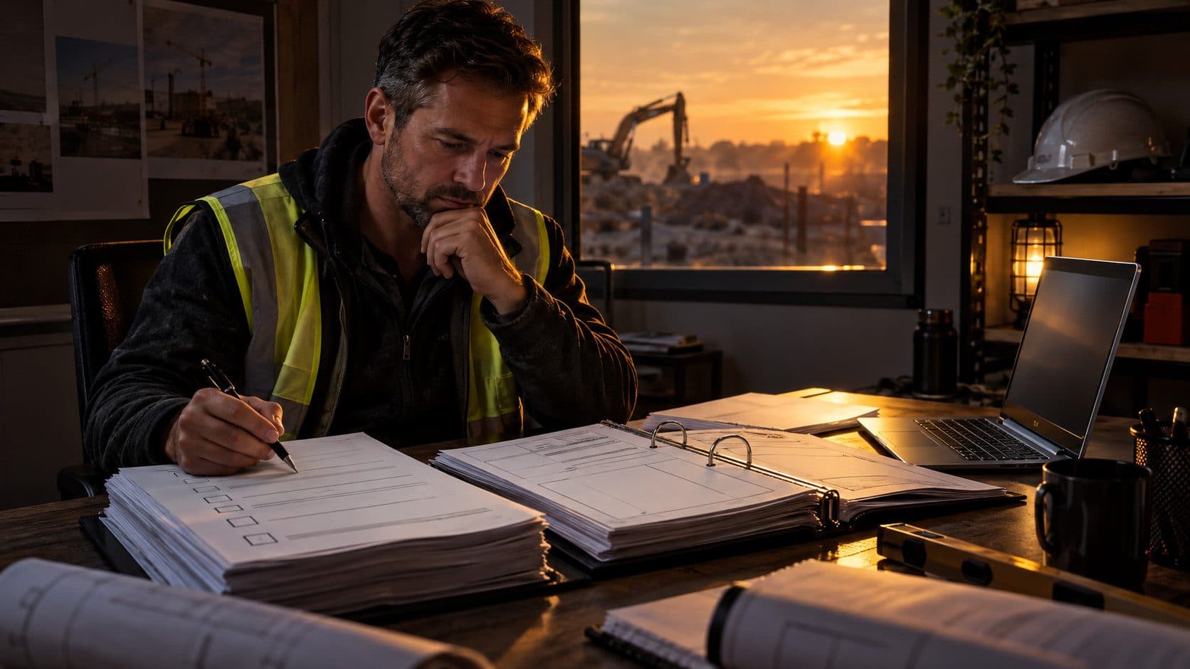 A contractor in a hi-vis vest working through a thick printed questionnaire and a ring binder at a site office desk at sunrise, with an excavator outside the window