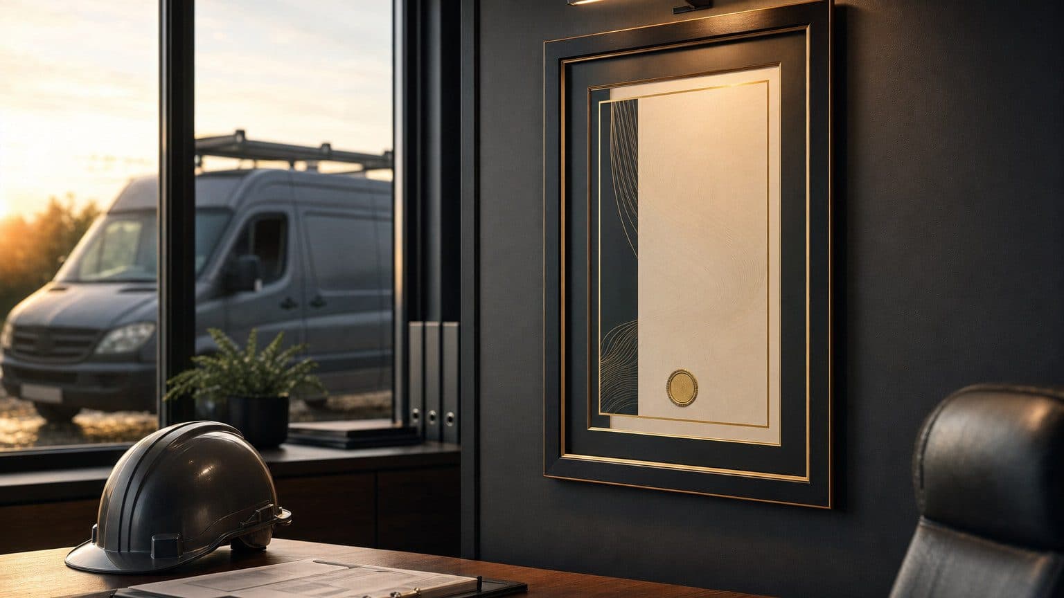 A contractor's certificate in a plain frame on the wall of a small site office, lit from one side, with a van visible through the window behind