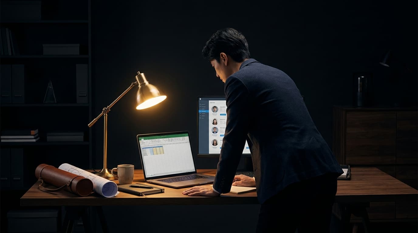 A person at a laptop reviewing a construction quote on one screen and a local trade directory on another, managing a construction dropservicing business remotely from a home office.