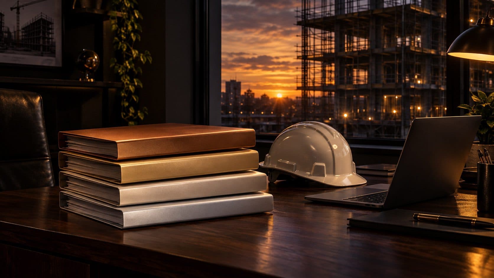 Four plain folders in graduated tones from bronze to pale platinum stacked on a dark office desk beside a hard hat and laptop, a scaffolded building at sunset through the window