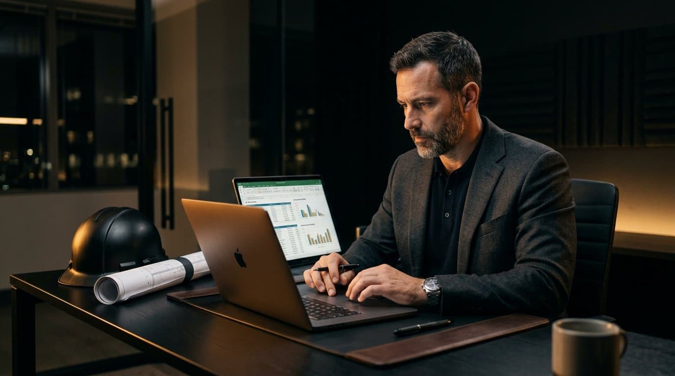 An operator reviewing job quotes and a subcontractor schedule on a laptop, not on the tools