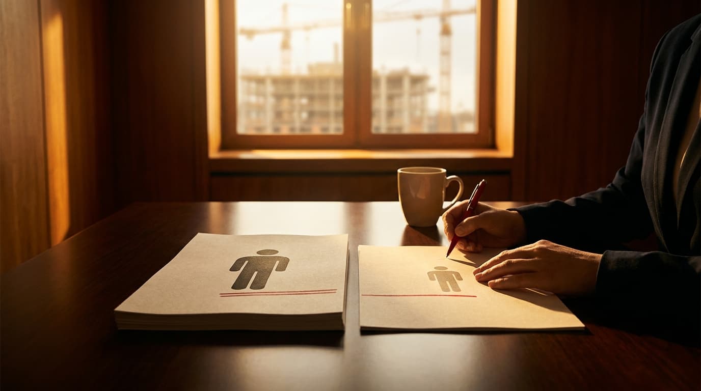 A contractor at a clean desk reviewing a client invoice and a subcontractor quote laid side by side, a pen marking the gap between the two totals, with a construction site visible through the window behind.