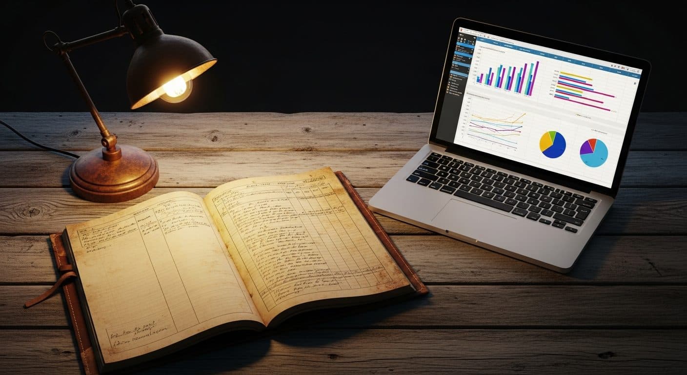 An old leather-bound construction ledger open to handwritten cost columns sitting next to a modern laptop on a wooden desk, photographed from above in warm amber light