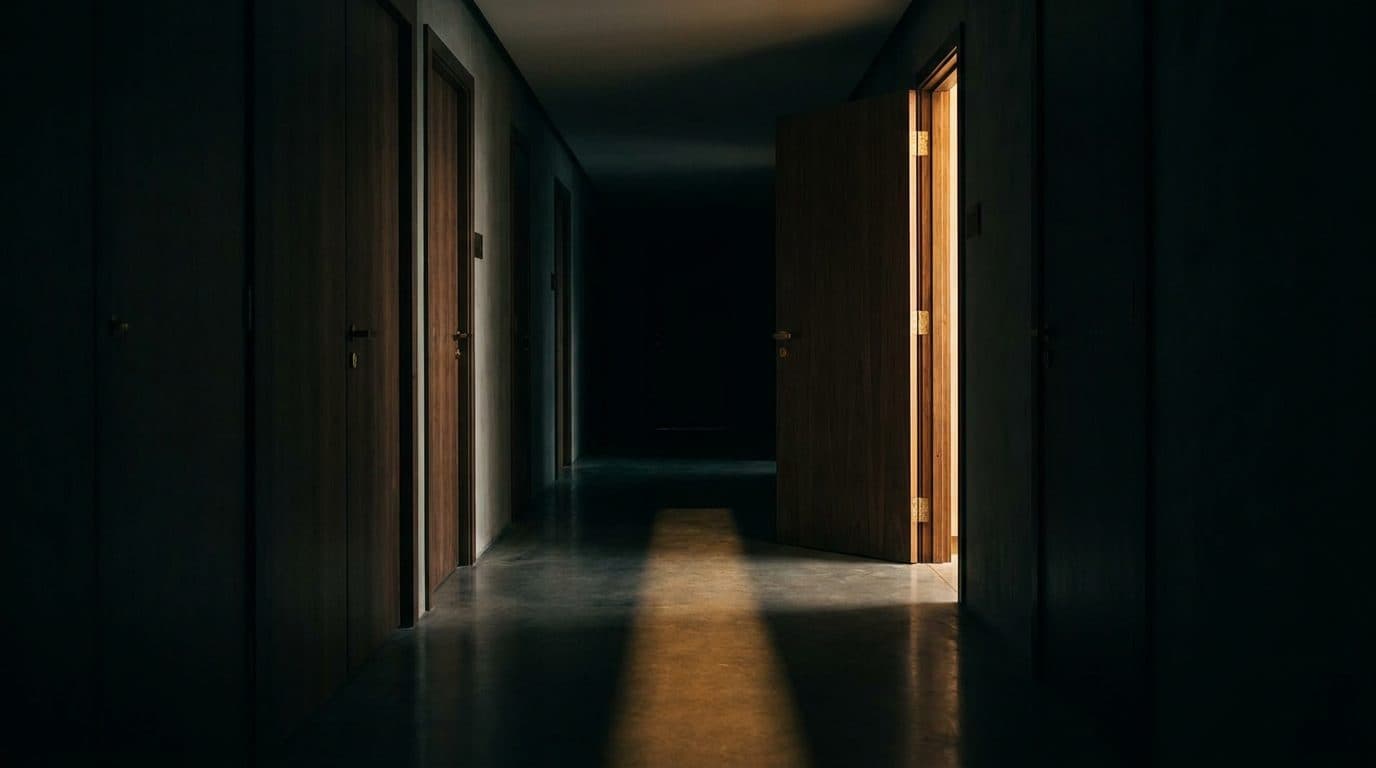 A wall of numbered doors in a dark corridor, one of them open and lit from inside, suggesting the many separate entrances to construction work