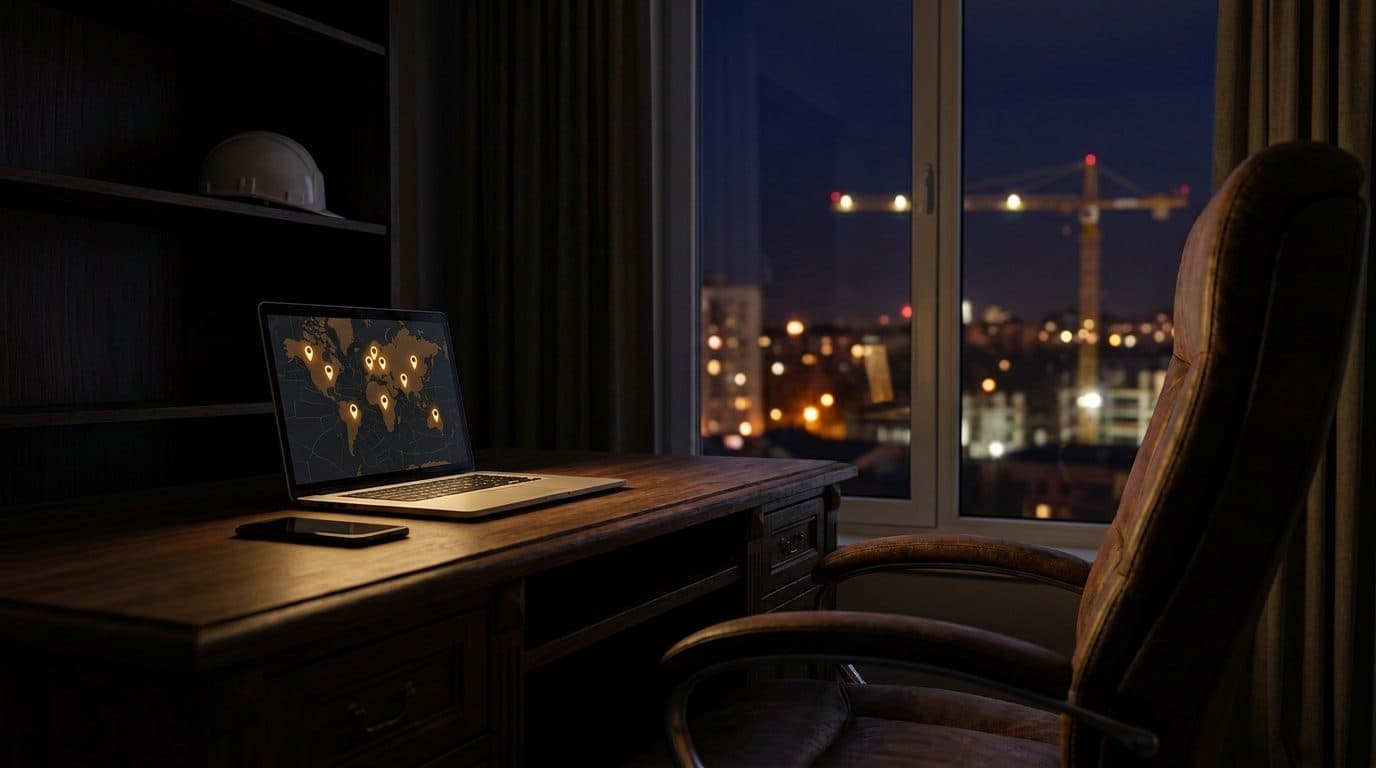A construction company owner's desk at night: an open laptop showing a map of live jobs, a phone face down beside it, a hard hat on the shelf and city lights through the window.