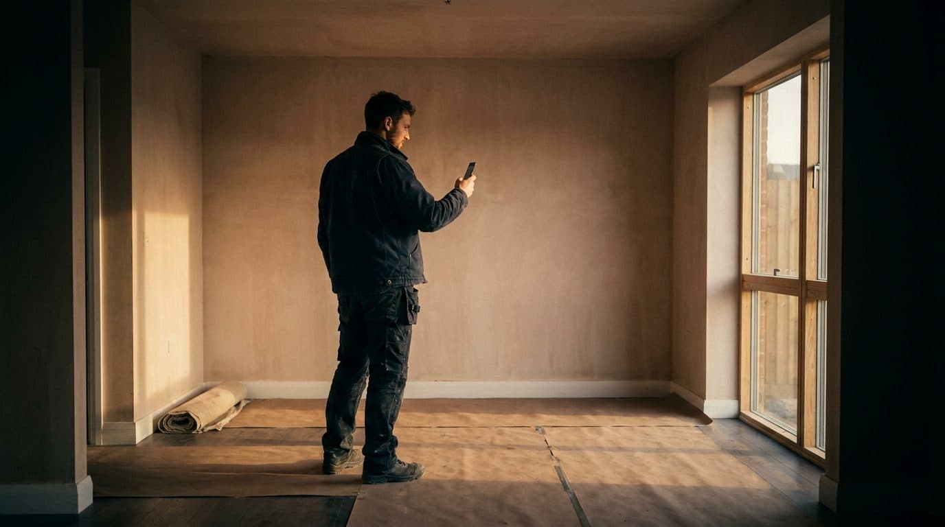 A main contractor standing in a finished but unoccupied UK house holding a phone, checking a wall against a defects list
