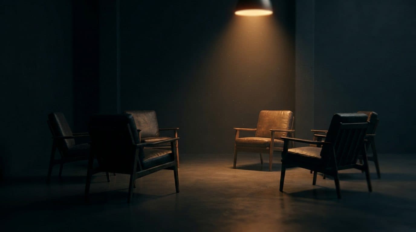 A circle of empty armchairs in a dark room with one chair lit by a warm overhead spotlight, suggesting a choice between teachers.