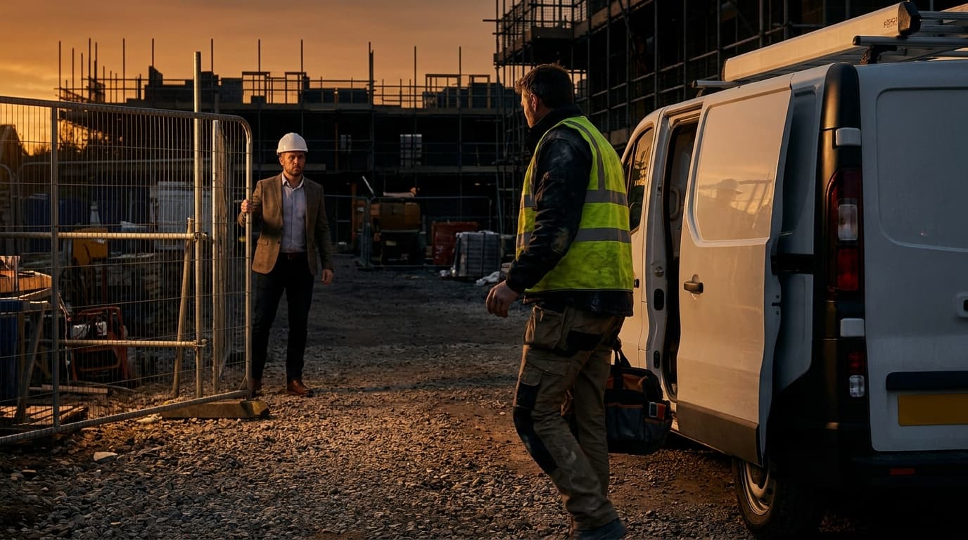 A skilled tradesman loading tools into a white van parked outside a construction site, walking away from a main contractor standing at the gate
